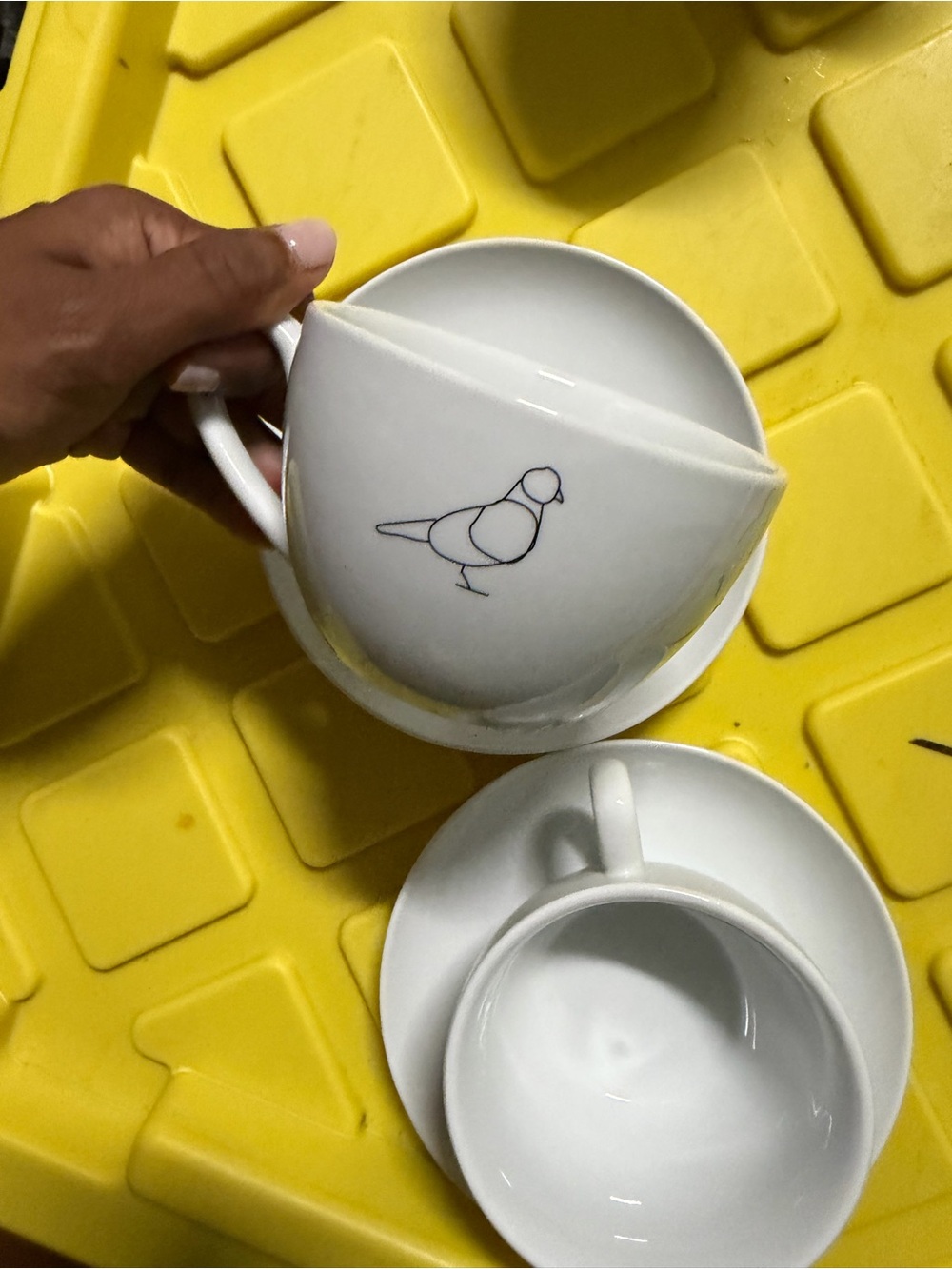 Set of 2 White Porcelain Teacup & Saucer Set with Minimal Bird Line Art